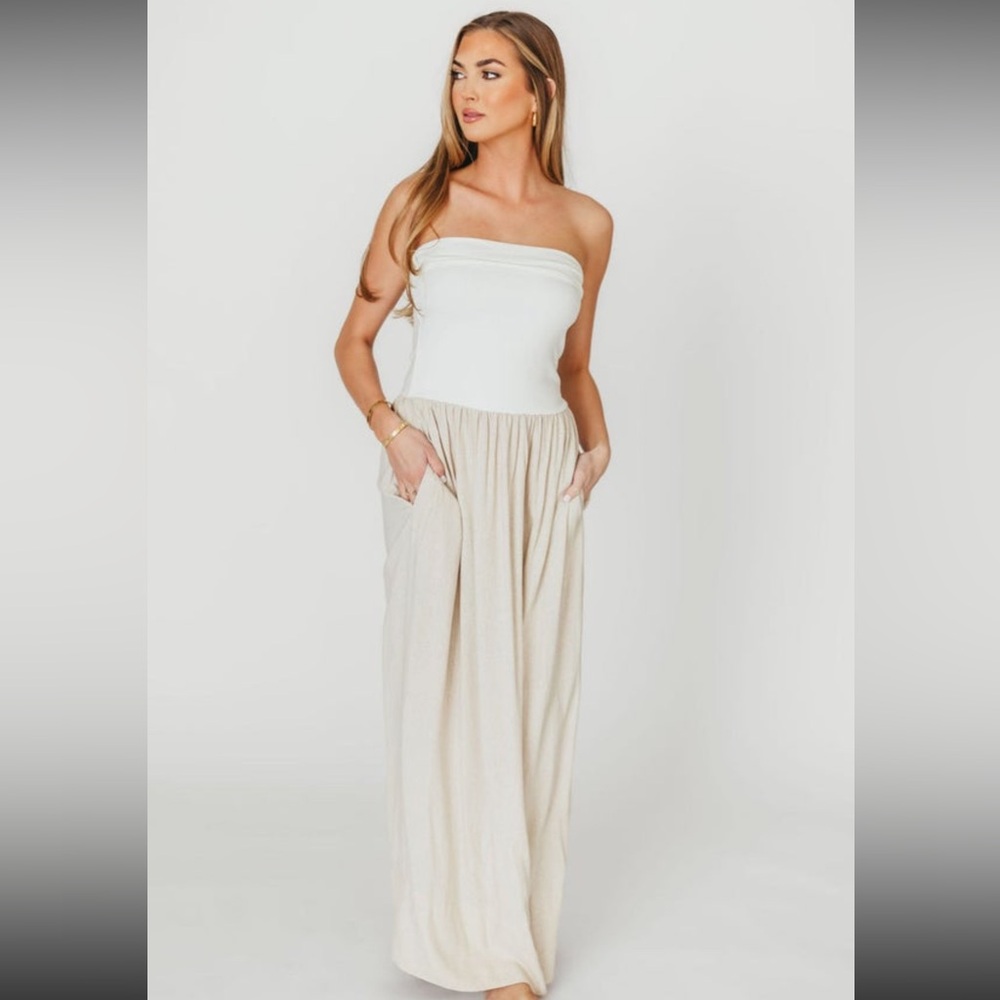 Worth collective Kaylee Linen and Ribbed Knit Maxi Dress in White/Oatmeal